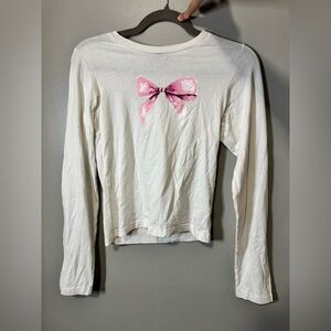 Princess Polly Cream Long Sleeve Crop Top with Pink Bow